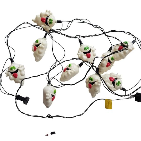 Vtg GHOST Halloween String Lights Plastic Blow Mold Set of 10 Easter Unlimited - Picture 7 of 13